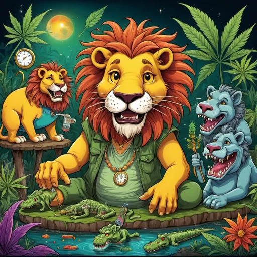 Prompt: prompt de base : Cartoon illustration " un lion féroce grande crinières et qui montre les crocs" with basmoking big joint with friends and big cannabis, vibrant and colorful, whimsical fantasy setting, intricate details, high quality, misc-manga, fantasy, vibrant colors, intricate design, magical atmosphere.
