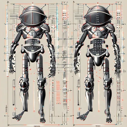 Prompt: Des plans techniques pour cette machine de combat : 1. Le corps est compose de plaques rivetees pour offrir une protection maximale. 2. La tete est disproportionnee par rapport au corps pour offrir une plus grande capacite de vue et de perception. 3. Les yeux globuleux et injectes de sang sont une reference aux yeux de la Mythologie Grecque. 4. La bouche est grande et garnie de dents acerees pour offrir une plus grande destructiveit. 5. Les griffes puissantes ou les armes integrees sont une reference aux machines de guerre des temps anciens.<mymodel>