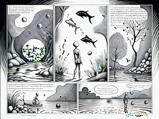 Prompt: <mymodel><mymodel>stroyboard, storytelling, script comic book, Creez un dessin a la main surrealiste en noir et blanc d'un poisson squelettique en train de nager dans un paysage onirique. Le poisson doit avoir des bulles de dialogue contenant des mots et des lettres etranges. Le fond doit etre abstrait et enigmatique. Couleurs : Noir et blanc. Style : Onirisme et abstrait. Dessin : A la main. Bulles de dialogue : Contenant des mots et des lettres etranges.