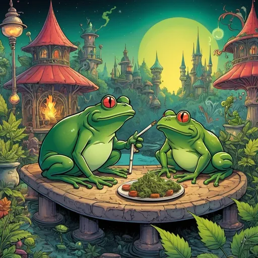 Prompt: prompt de base : Cartoon illustration " la grenouille et le bœuf ?
" with basmoking big joint with friends and big cannabis, vibrant and colorful, whimsical fantasy setting, intricate details, high quality, misc-manga, fantasy, vibrant colors, intricate design, magical atmosphere.
