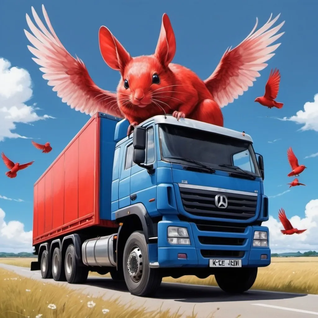 Prompt: 'je suis un camion bleu et je rêve que je suis rouge; j'ai des écureuils et de souris et des oiseaux partout dans un style manga kawaï , imagine quand même !'