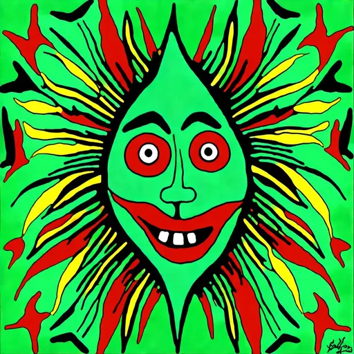 Prompt: <mymodel><mymodel>Psychedelic digital rendering of a vibrant green cannabis leaf, shadow of the leaf plant at the bottom, rasta-themed background in green, yellow, and red, detailed and intricate leaf veins, vibrant and lively colors, high contrast, trippy artistic style, surreal lighting effects, best quality, highres, ultra-detailed, psychedelic, vibrant colors, intricate details, surreal lighting, rasta-themed background, cannabis leaf