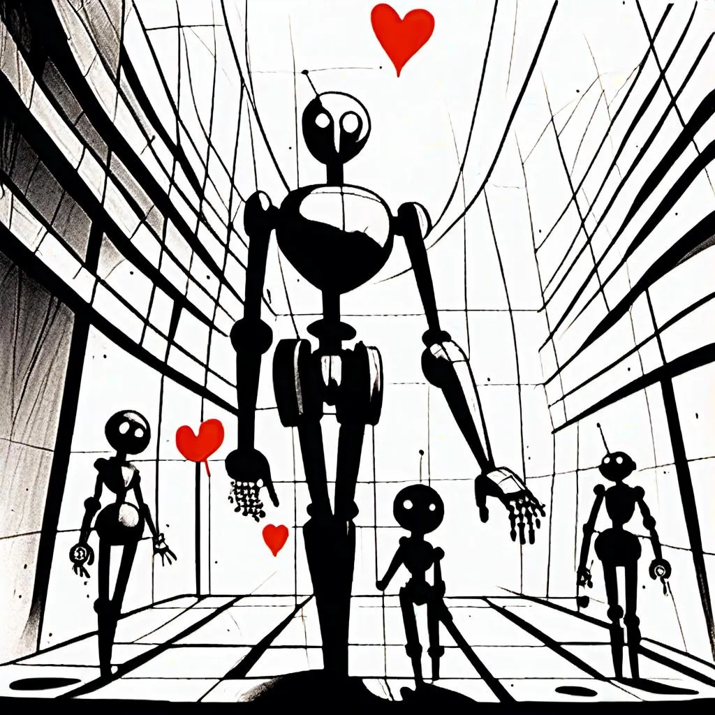 Prompt: <mymodel>love robot stortelling of  panels of comic for manga, double page, surreal atmosphere, symbolic representation, high contrast, deep shadows, monochromatic, digital rendering, high quality, minimalist, conceptual art, graffiti style, abstract, surreal, symbolic, atmospheric lighting, comic édition. full strory comic love robot stortelling 