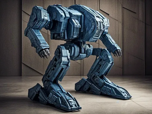 Prompt: <mymodel>High-res, detailed 3D rendering of a combat machine, metallic material with riveted plates, futuristic sci-fi style, technical blue and metallic tones, intense and dramatic lighting, industrial urban setting, heavy-duty mechanical design, powerful and menacing presence, fully armed with advanced weapons, intricate mechanical details, professional-quality, sci-fi, combat machine, metallic, technical blue tones, intense lighting, industrial urban setting, menacing presence, advanced weapons, mechanical details