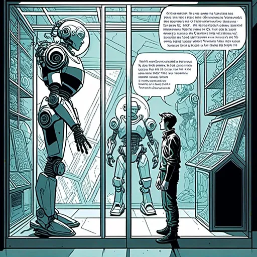 Prompt: <mymodel>a robot standing next to a machine in a glass case with a man inside of it, Artgerm, panfuturism, ex machina, concept art robot stortelling of  panels of comic for manga, with speech bubbles. white and empty Speech bubbles, double page, surreal atmosphere, symbolic representation, high contrast, deep shadows, monochromatic, digital rendering, high quality, minimalist, conceptual art, graffiti style, abstract, surreal, symbolic, atmospheric lighting, comic édition. full strory comic love robot, white and empty Speech bubbles, stortelling  a robot standing next to a machine in a glass case with a man inside of it, Artgerm, panfuturism, ex machina, concept art