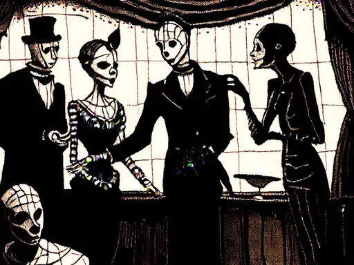 Prompt: stroyboard, storytelling, script comic book; Mysterious performers in a cabaret noir, eerie gothic <mymodel>setting, dimly lit stage, ominous atmosphere, detailed makeup, highres, detailed, misc-macabre, dark tones, gothic, vintage, atmospheric lighting; stroyboard, storytelling, script comic book