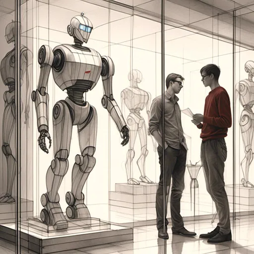 Prompt: <mymodel>a drawing of a robot standing next to a machine in a glass case with a man inside of it, Artgerm, panfuturism, ex machina, concept art