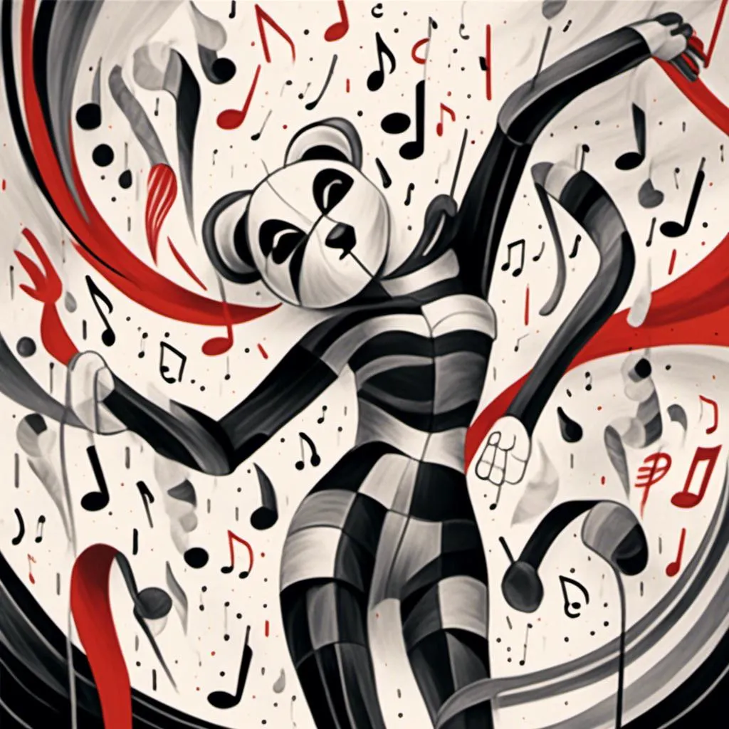 Prompt: <mymodel>Illustration of music in ads-corporate style, panda and loepard color tones, symbolism, cloudcore, endercore, wavy lines and organic shapes, black background, high quality, ads-corporate, panda symbolism, cloudcore, endercore, wavy lines, organic shapes, professional, atmospheric lighting