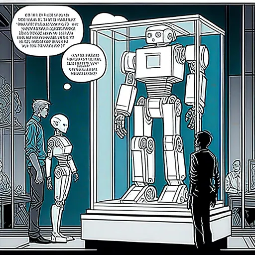 Prompt: <mymodel>a robot standing next to a machine in a glass case with a man inside of it, Artgerm, panfuturism, ex machina, concept art robot stortelling of  panels of comic for manga, with speech bubbles. white and empty Speech bubbles, double page, surreal atmosphere, symbolic representation, high contrast, deep shadows, monochromatic, digital rendering, high quality, minimalist, conceptual art, graffiti style, abstract, surreal, symbolic, atmospheric lighting, comic édition. full strory comic love robot, white and empty Speech bubbles, stortelling  a robot standing next to a machine in a glass case with a man inside of it, Artgerm, panfuturism, ex machina, concept art