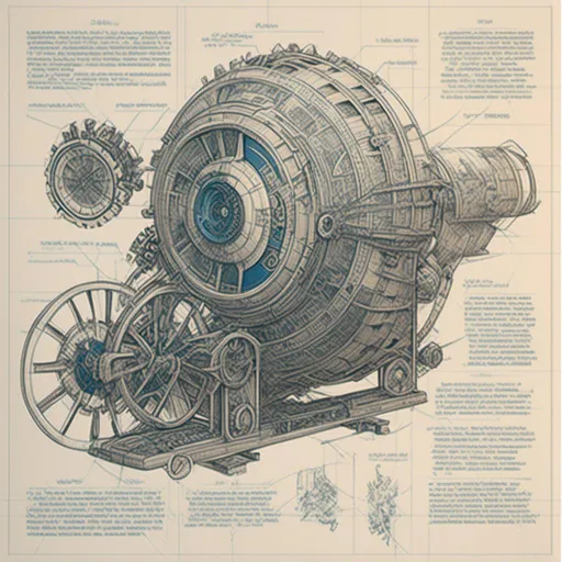Prompt: a blueprint drawing of a machine with gears and wheels on it's side, with a large amount of details, Beeple, retrofuturism, mecha, a detailed drawing<mymodel>