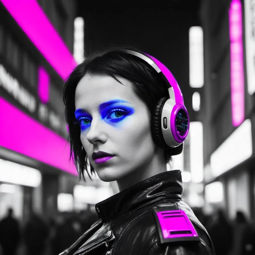 Prompt: France Info: https://www.francetvinfo.fr/ in cyber punk world  very far away black and white with magenta filter and blue ray 