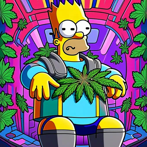 Prompt: Anime by Matt Groening, illustration of Simpson caractère with cannabis outfit  by Matt Groening; futuristic sci-fi setting, detailed characters, colorful and vibrant, highres, anime by Matt Groening, sci-fi, futuristic, detailed characters, vibrant colors, professional  Matt Groening, dynamic lighting<mymodel>