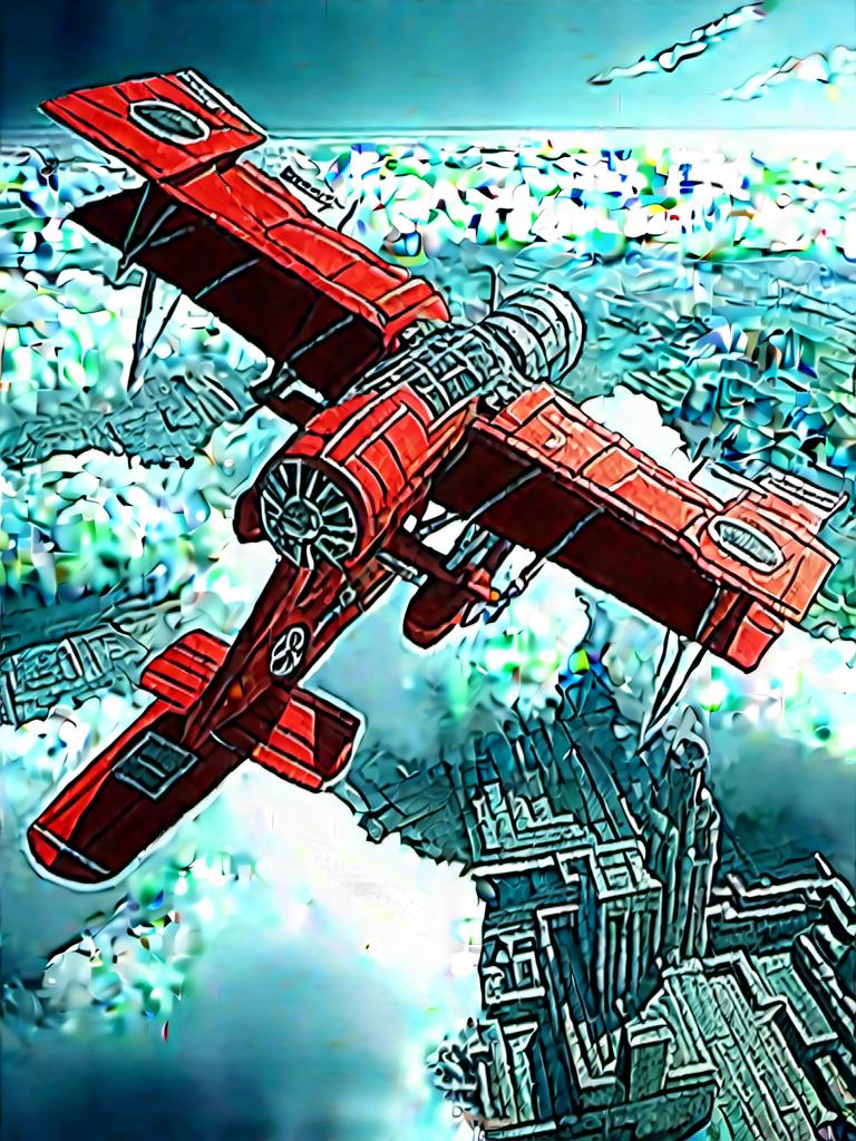 Prompt: <mymodel>High-res, detailed 3D rendering of biplan of red baron in the cloud futuristic sci-fi style, technical red ans fire and metallic tones, intense and dramatic lighting, industrial urban setting, heavy-duty mechanical design, powerful and menacing presence, fully armed with advanced weapons, intricate mechanical details, professional-quality, sci-fi, combat machine, metallic, technical blue tones, intense lighting, industrial urban setting, menacing presence, advanced weapons, mechanical details