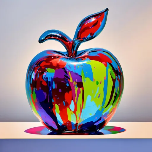 Prompt:  <mymodel>Vibrant pop art illustration of a transparent glass apple sculpture, shiny and reflective surface, bold colors, high contrast, detailed glasswork, glossy finish, artistic interpretation, modern pop art, transparent glass, vibrant colors, high quality, detailed reflections, glossy finish, striking pop art style, bold and vibrant, contemporary art, shiny surface; ce qui donne cette image 