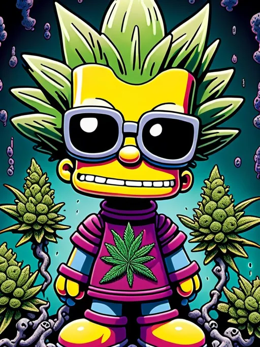 Prompt: Anime by Matt Groening, illustration of Bart Simpson with cannabis outfit  by Matt Groening; futuristic sci-fi setting, detailed characters, colorful and vibrant, highres, anime by Matt Groening, sci-fi, futuristic, detailed characters, vibrant colors, professional  Matt Groening, dynamic lighting<mymodel>