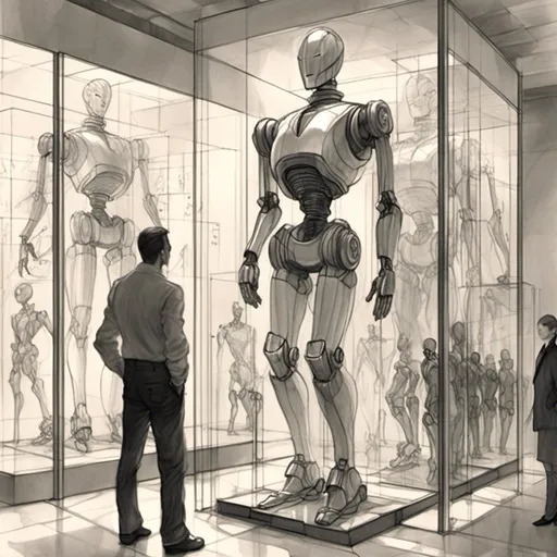 Prompt: <mymodel>a drawing of a robot standing next to a machine in a glass case with a man inside of it, Artgerm, panfuturism, ex machina, concept art