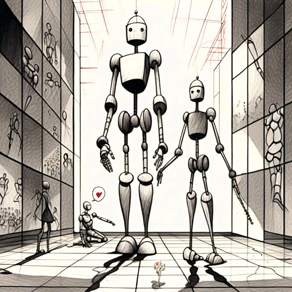 Prompt: <mymodel>love robot stortelling of  panels of comic for manga, double page, surreal atmosphere, symbolic representation, high contrast, deep shadows, monochromatic, digital rendering, high quality, minimalist, conceptual art, graffiti style, abstract, surreal, symbolic, atmospheric lighting, comic édition. full strory comic love robot stortelling 