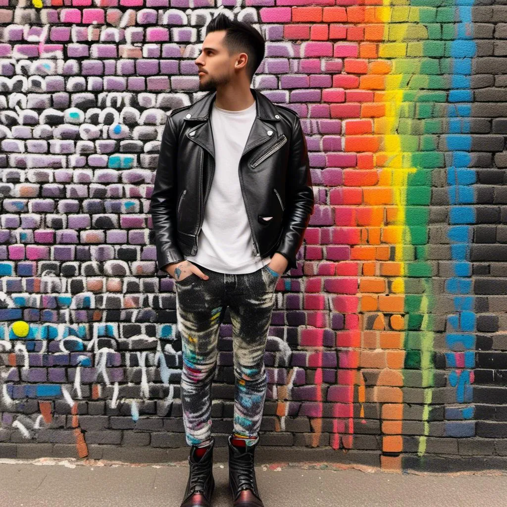 Prompt: 
Pointillism (ultra-detailed dots)
BLACK AND WHITE colors (MUTED)
SHADOWS High-resolution
Professional light
youngS punks, clad in ripped IMPRIMED leather jackets, tartan JEANS, and Doc Martens boots, stand with a rebellious air in front of a painted brick wall. The wall explodes with a riot of rainbow colors, adorned with graffiti that declares messages of defiance and social change. Imagine the scene rendered in the detailed, pointillism style. creating a scene that pulsates with electrifying energy. Each individual punk's expression is captured with precise detail, their gazes focused and intense, reflecting the rebellious spirit of both London and Amsterdam's punk scene 1975. The lighting is professional, highlighting the unique details of their clothing and the weathered texture of the brick wall.

<mymodel>