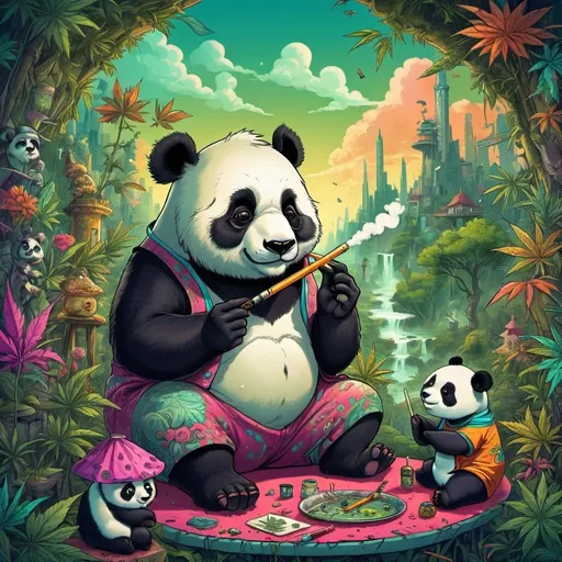 Prompt: Cartoon illustration " the artist “Julien Doré” and a little panda" with basmoking big joint with friends and big cannabis, vibrant and colorful, whimsical fantasy setting, intricate details, high quality, misc-manga, fantasy, vibrant colors, intricate design, magical atmosphere