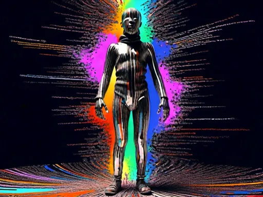 Prompt: <mymodel> full body shot, Cosmic celebration in psychedelic glitch art, glitch God, psychedelic and glitchy, cosmic drama, Insane 40 yr  glitch maker with goatee, insane laugh, glitched out eyes, black glitchy hoodie, dystopian background, cosmic giggle, divine laughter, intense facial emotions, divine madness,  glitch meme magic, strange, bizarre, weird, fine details, highest quality