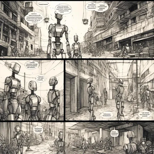 Prompt: <mymodel>Love robot storytelling in manga comic panels, surreal atmosphere, symbolic representation, high contrast, deep shadows, monochromatic, digital rendering, high quality, mini comic edition, full story comic, futuristic, dreamlike, detailed mechanical designs, emotional storytelling, manga style, double-page spread, professional, atmospheric lighting