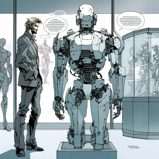 Prompt: <mymodel><mymodel>a robot standing next to a machine in a glass case with a man inside of it, Artgerm, panfuturism, ex machina, concept art robot stortelling of  panels of comic for manga, with speech bubbles. white and empty Speech bubbles, double page, surreal atmosphere, symbolic representation, high contrast, deep shadows, monochromatic, digital rendering, high quality, minimalist, conceptual art, graffiti style, abstract, surreal, symbolic, atmospheric lighting, comic édition. full strory comic love robot, white and empty Speech bubbles, stortelling  a robot standing next to a machine in a glass case with a man inside of it, Artgerm, panfuturism, ex machina, concept art