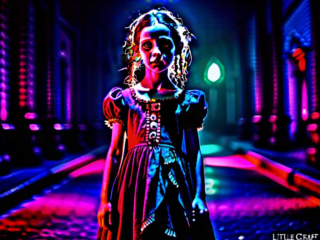 Prompt: full body shot, Little chaotic evil insane living dead girl with rotting pale flesh in a beautiful out of place dress, eerie atmospheric lighting, psychedelic  color tones, horror, detailed facial features, highres, ultra-detailed, Lovecraftian, eerie, sinister, haunting lighting, divine madness, holy killer, little Goddess of death. longing, madness, nothing love, holy death girl, smiling from ear to ear, glowing white eyes with ethereal trails, extreme emotion, If you are reading this I love you so much.<mymodel>