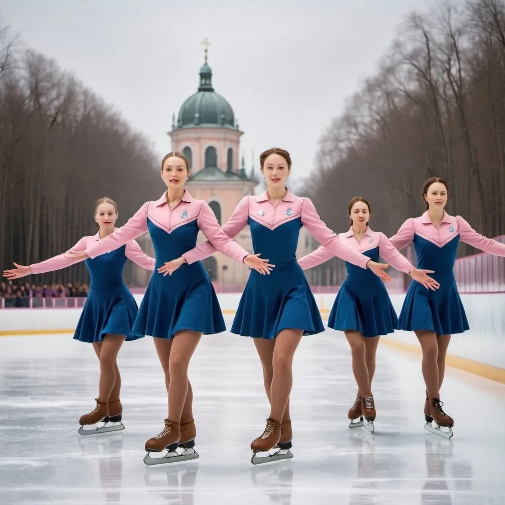 Prompt: a group of women in blue uniforms and pink dress skating on ice rinks in a line with their arms outstretched and legs spread out, Fabien Charuau, synchromism, promotional image, a renaissance painting