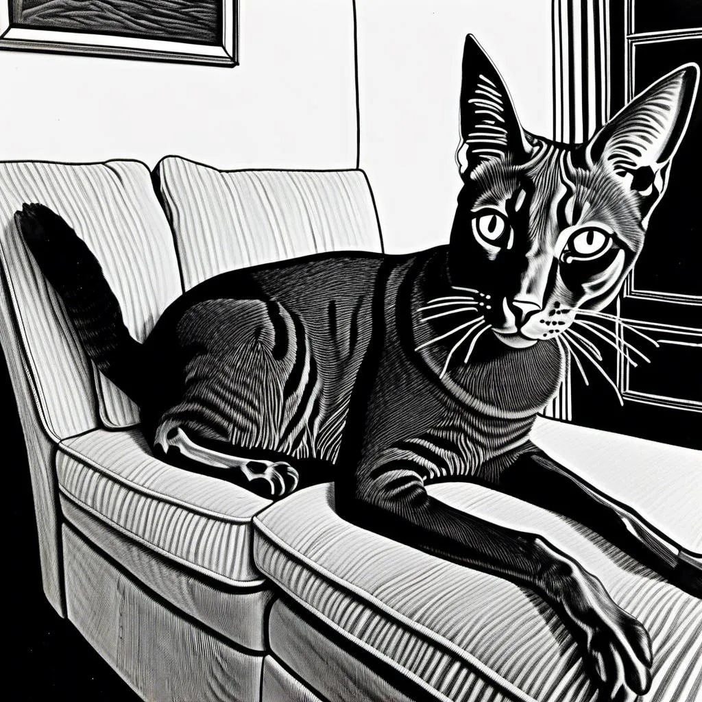 Prompt: <mymodel> a cat shows a cat on the living room television drawing of a contented cat enjoying, inked, detailed fur with subtle highlights, tranquil ambiance, high quality, charcoal drawing, realistic, detailed, contented cat, a cat shows a cat on the living room television, tranquil ambiance