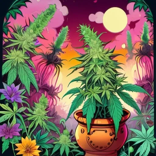 Prompt: Cartoon illustration of ou pas; ou pas ou pas en pot de fleure, surrounded by big cannabis plants, vibrant and colorful, whimsical fantasy setting, intricate details, high quality, misc-manga, fantasy, vibrant colors, intricate design, magical atmosphere