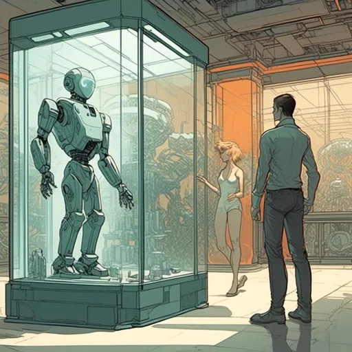 Prompt: <mymodel>storyscript, storytelling, comic of a robot standing next to a machine in a glass case with a man inside of it, Artgerm, panfuturism, ex machina, concept art