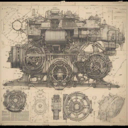 Prompt: a blueprint drawing of a machine with gears and wheels on it's side, with a large amount of details, Beeple, retrofuturism, mecha, a detailed drawing<mymodel>