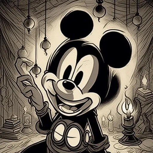 Prompt: <mymodel>Creepy, unsettling illustration of Mickey Mouse, dark and eerie ambiance, eerie details, high quality, detailed shadows, horror, sinister, disturbing, eerie lighting, surreal, unsettling atmosphere, dark tones, menacing, suspenseful, detailed, haunting, ominous