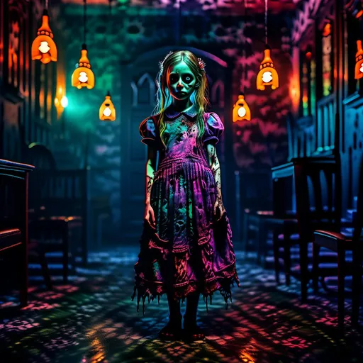 Prompt: full body shot, Little chaotic evil insane living dead girl with rotting pale flesh in a beautiful out of place dress, eerie atmospheric lighting, psychedelic  color tones, horror, detailed facial features, highres, ultra-detailed, Lovecraftian, eerie, sinister, haunting lighting, divine madness, holy killer, little Goddess of death. longing, madness, nothing love, holy death girl, smiling from ear to ear, glowing white eyes with ethereal trails, extreme emotion, If you are reading this I love you so much.<mymodel>