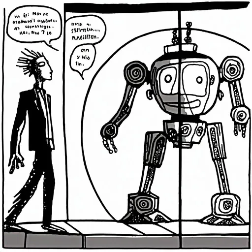 Prompt: <mymodel><mymodel>a robot standing next to a machine in a glass case with a man inside of it, Artgerm, panfuturism, ex machina, concept art robot stortelling of  panels of comic for manga, with speech bubbles. white and empty Speech bubbles, double page, surreal atmosphere, symbolic representation, high contrast, deep shadows, monochromatic, digital rendering, high quality, minimalist, conceptual art, graffiti style, abstract, surreal, symbolic, atmospheric lighting, comic édition. full strory comic love robot, white and empty Speech bubbles, stortelling  a robot standing next to a machine in a glass case with a man inside of it, Artgerm, panfuturism, ex machina, concept art