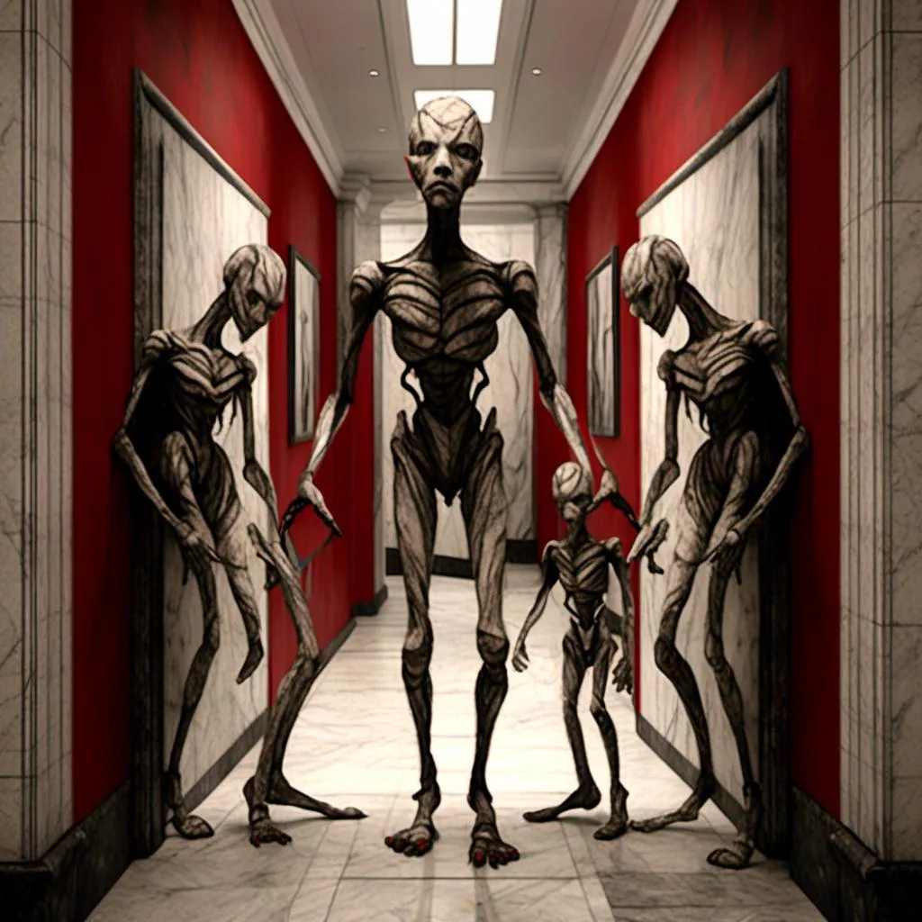 Prompt: <mymodel>a creepy looking creature with a large head and two smaller heads on his body in a hallway with a wall, shock art, hyper real, a 3D render