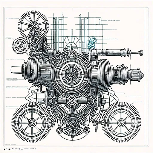 Prompt: a blueprint drawing of a machine with gears and wheels on it's side, with a large amount of details, Beeple, retrofuturism, mecha, a detailed drawing<mymodel>