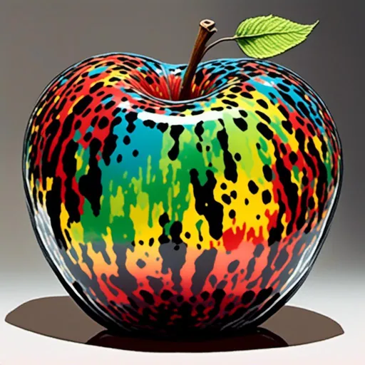 Prompt: <mymodel> <mymodel>Vibrant pop art illustration of a transparent glass apple sculpture, shiny and reflective surface, bold colors, high contrast, detailed glasswork, glossy finish, artistic interpretation, modern pop art, transparent glass, vibrant colors, high quality, detailed reflections, glossy finish, striking pop art style, bold and vibrant, contemporary art, shiny surface; ce qui donne cette image 