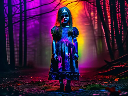 Prompt: full body shot, Little chaotic evil insane living dead girl with rotting pale flesh in a beautiful out of place dress, eerie atmospheric lighting, psychedelic  color tones, horror, detailed facial features, highres, ultra-detailed, Lovecraftian, eerie, sinister, haunting lighting, divine madness, holy killer, little Goddess of death. longing, madness, nothing love, holy death girl, smiling from ear to ear, glowing white eyes with ethereal trails, extreme emotion, If you are reading this I love you so much.<mymodel>