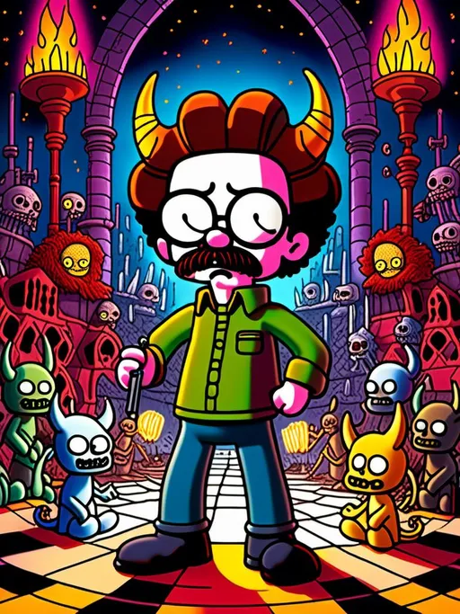 Prompt: Anime by Matt Groening, illustration of Ned Flanders are devil  by Matt Groening; futuristic sci-fi setting, detailed characters, colorful and vibrant, highres, anime by Matt Groening, sci-fi, futuristic, detailed characters, vibrant colors, professional  Matt Groening, dynamic lighting<mymodel>