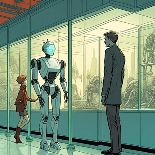 Prompt: <mymodel>storyscript, storytelling, comic of a robot standing next to a machine in a glass case with a man inside of it, Artgerm, panfuturism, ex machina, concept art