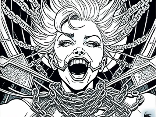 Prompt: <mymodel>stroyboard, storytelling, script comic bookdetailed inked panels, special edition storytelling, high-quality, professional, real, intense actionteenage female cenobite with face covered in symmetrical metal blades and machines. insane laughter, dead, dead white eyes, Goddess of love and pain, divine madness, detailed facial expression, suspended in air by chains coming out of her body, ultra fine details, masterpiece, <mymodel>stroyboard, storytelling, script comic book