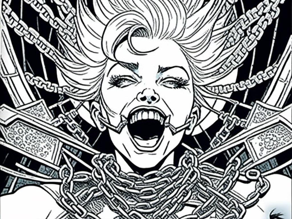 Prompt: <mymodel>stroyboard, storytelling, script comic bookdetailed inked panels, special edition storytelling, high-quality, professional, real, intense actionteenage female cenobite with face covered in symmetrical metal blades and machines. insane laughter, dead, dead white eyes, Goddess of love and pain, divine madness, detailed facial expression, suspended in air by chains coming out of her body, ultra fine details, masterpiece, <mymodel>stroyboard, storytelling, script comic book