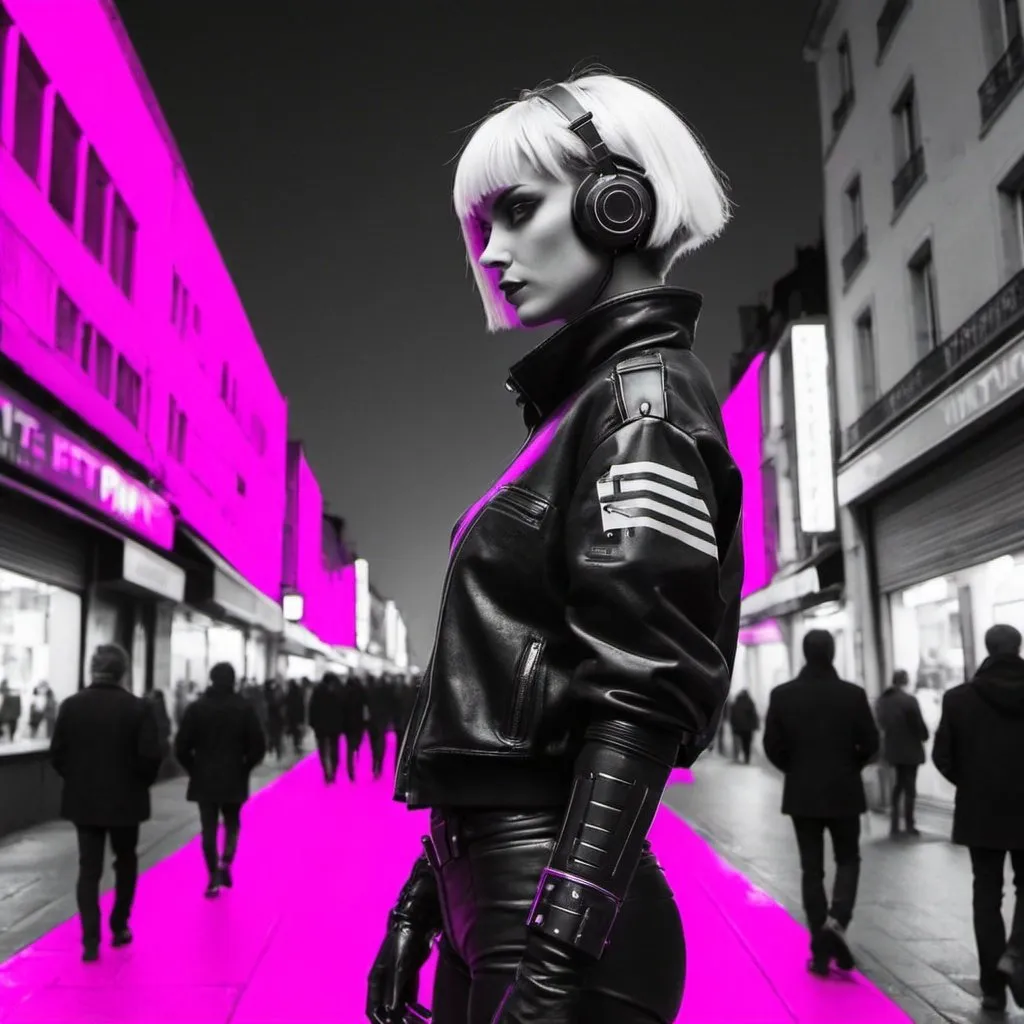 Prompt: France Info: https://www.francetvinfo.fr/ in cyber punk world  very far away black and white with magenta filter