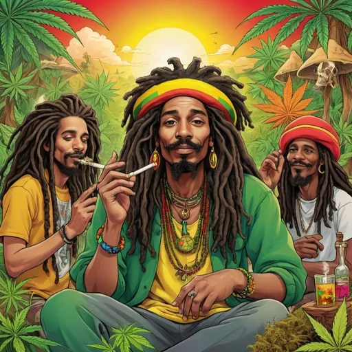 Prompt: Cartoon illustration "jah rastafari”" with basmoking big joint with friends and big cannabis, vibrant and colorful, whimsical fantasy setting, intricate details, high quality, misc-manga, fantasy, vibrant colors, intricate design, magical atmosphere