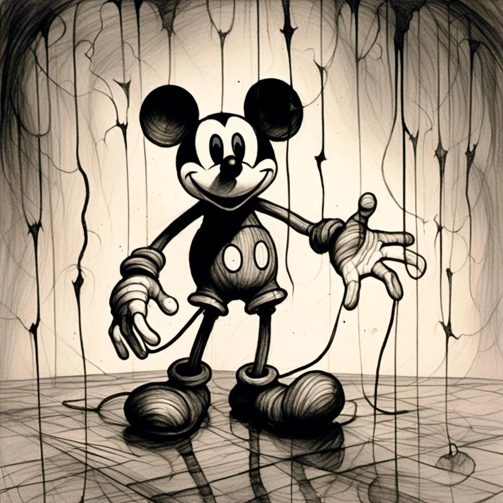 Prompt: <mymodel>Creepy, unsettling illustration of Mickey Mouse, dark and eerie ambiance, eerie details, high quality, detailed shadows, horror, sinister, disturbing, eerie lighting, surreal, unsettling atmosphere, dark tones, menacing, suspenseful, detailed, haunting, ominous