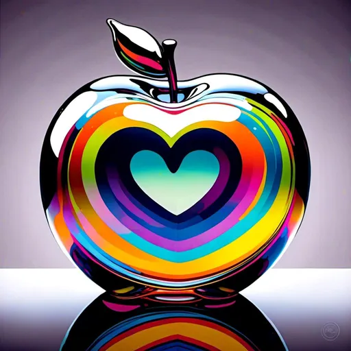 Prompt:  <mymodel>Vibrant pop art illustration of a transparent glass apple sculpture, shiny and reflective surface, bold colors, high contrast, detailed glasswork, glossy finish, artistic interpretation, modern pop art, transparent glass, vibrant colors, high quality, detailed reflections, glossy finish, striking pop art style, bold and vibrant, contemporary art, shiny surface; ce qui donne cette image 