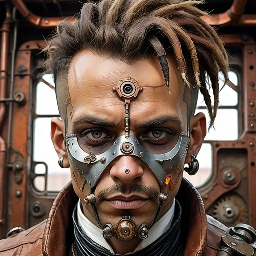 Prompt: Character portrait in steampunk artstyle, man with a weird face and nose, black nose ring, Enki Bilal, neo-primitivism, punk, detailed facial features, rusty metallic tones, industrial setting, retro-futuristic elements, steampunk aesthetic, eccentric character, highres, detailed, steampunk, rusty tones, industrial, retro-futuristic, detailed facial features, eccentric, character portrait