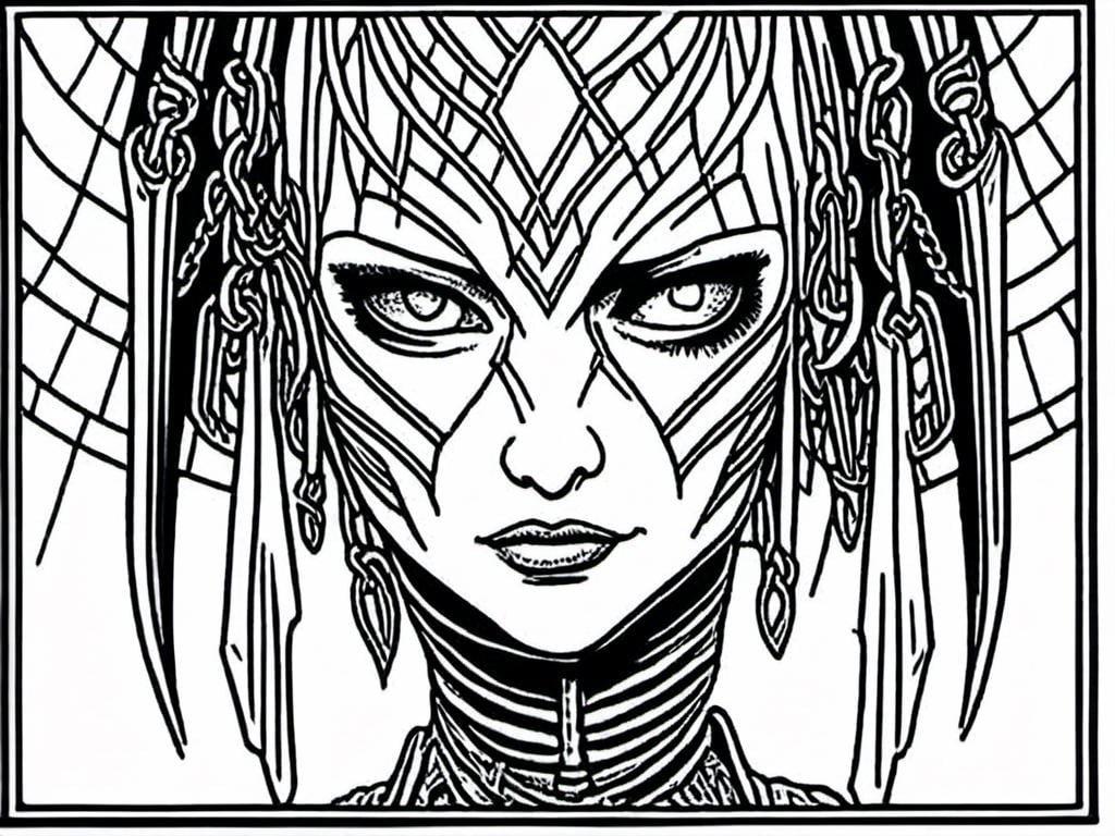 Prompt: <mymodel>detailed inked panels, special edition storytelling, high-quality, professional, real, intense actionteenage female cenobite with face covered in symmetrical metal blades and machines. insane laughter, dead, dead white eyes, Goddess of love and pain, divine madness, detailed facial expression, suspended in air by chains coming out of her body, ultra fine details, masterpiece