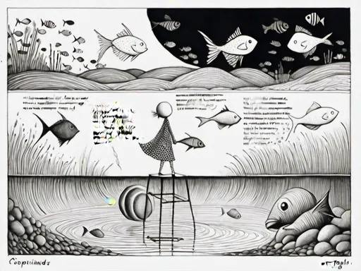 Prompt: <mymodel><mymodel>stroyboard, storytelling, script comic book, Creez un dessin a la main surrealiste en noir et blanc d'un poisson squelettique en train de nager dans un paysage onirique. Le poisson doit avoir des bulles de dialogue contenant des mots et des lettres etranges. Le fond doit etre abstrait et enigmatique. Couleurs : Noir et blanc. Style : Onirisme et abstrait. Dessin : A la main. Bulles de dialogue : Contenant des mots et des lettres etranges.